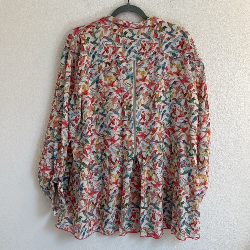 John Mark Multicolor Bird Print Button-Up Blouse - White Base - Picture 6 of 12